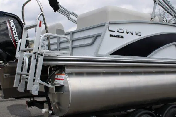 Slide: The Image of 2023 Lowe SF212 pontoon boat with Mercury outboard motor, rear view. - 3