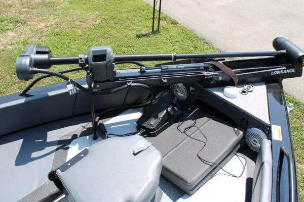 Slide: The Image of 2023 Lowe FM1800 boat with Lowrance trolling motor and fishing equipment. - 5