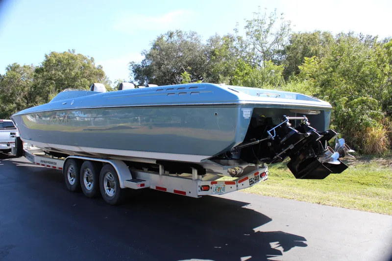 Slide: The Image of 2006 Donzi 43 ZR powerboat on a trailer, side view. - 7