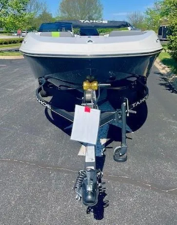 Slide: The Image of 2023 Tahoe T16 boat on trailer, front view. - 2