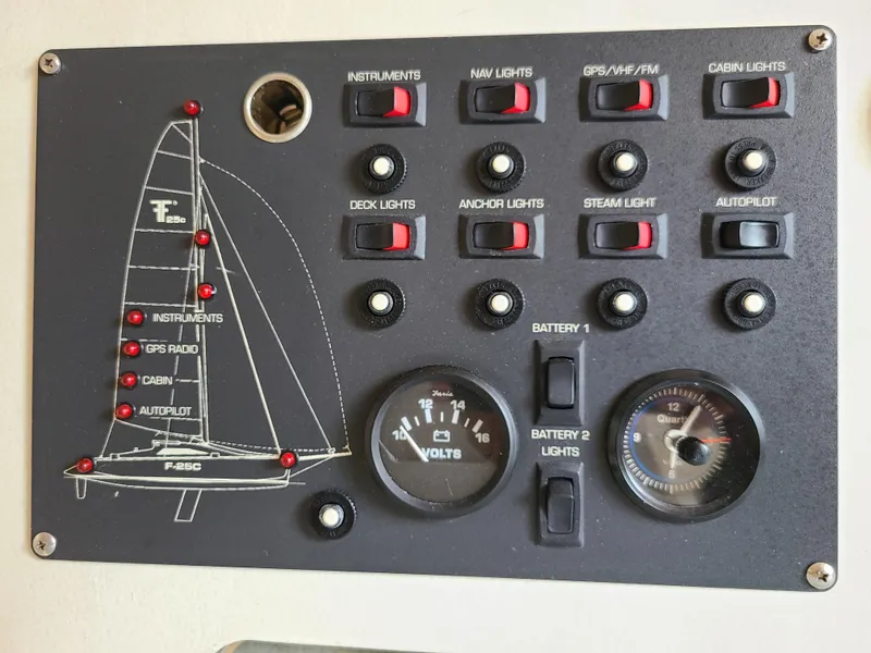 Slide: The Image of Control panel of Farrier F-25C #22 sailboat, featuring switches and gauges, 2016 model. - 15