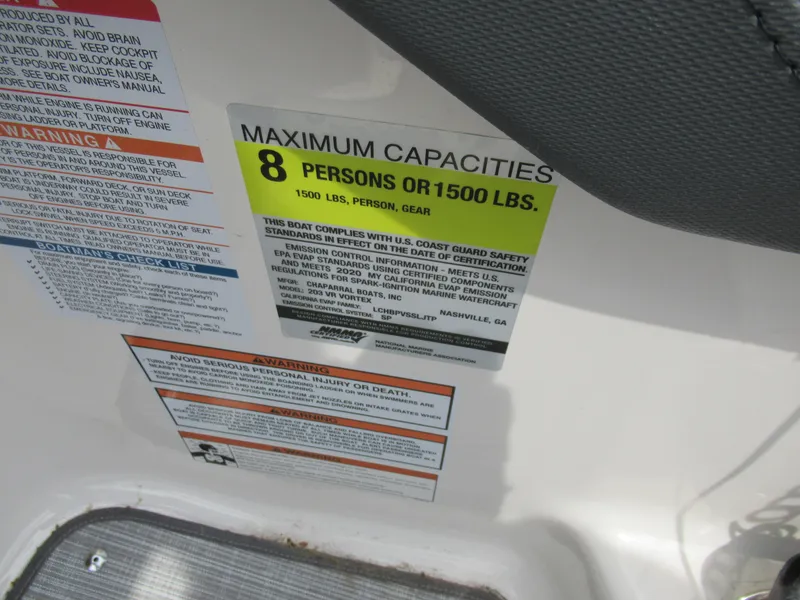 Slide: The Image of 2020 Vortex 203 VR boat capacity label, max 8 persons or 1500 lbs. - 14