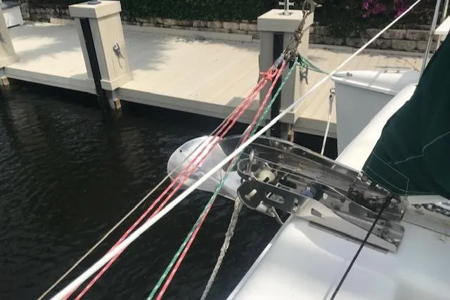 Slide: The Image of Sailboat docked with colorful ropes, Manta 42 MK II, 2005 model. - 5