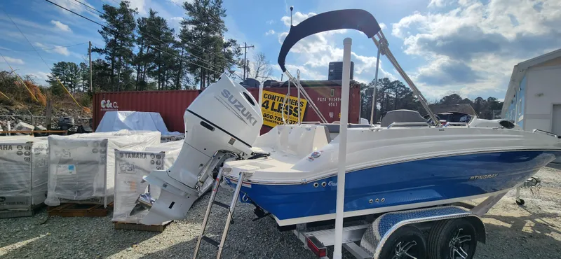 Slide: The Image of 2022 Stingray 212SC boat with Suzuki outboard motor in a storage yard. - 4