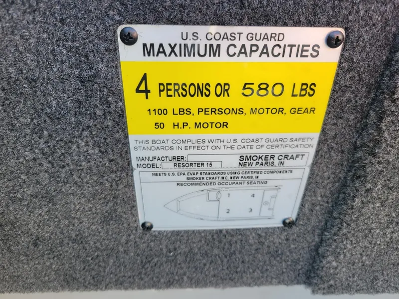 Slide: The Image of U.S. Coast Guard capacity label for Smoker Craft 151 Resorter, 4 persons or 580 lbs. - 10