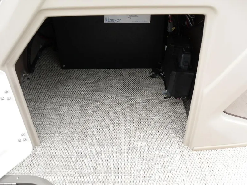 Slide: The Image of 2024 Regency 250 DL3 interior storage compartment with textured flooring. - 33