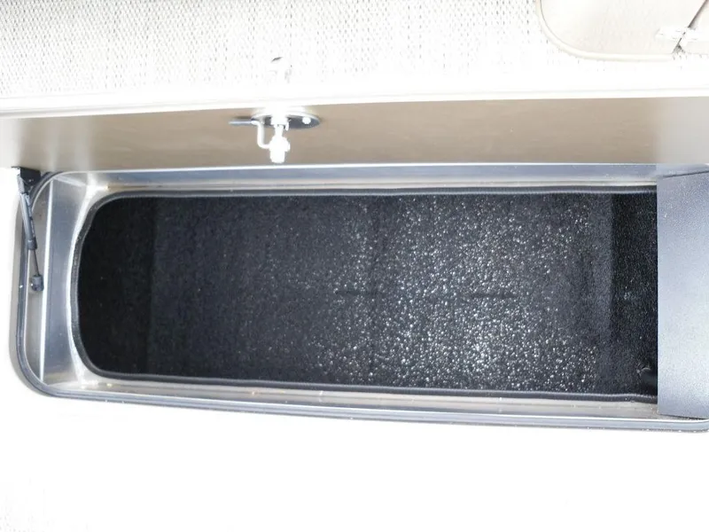 Slide: The Image of 2024 Regency 250 DL3 storage compartment, open and empty, with black interior lining. - 35