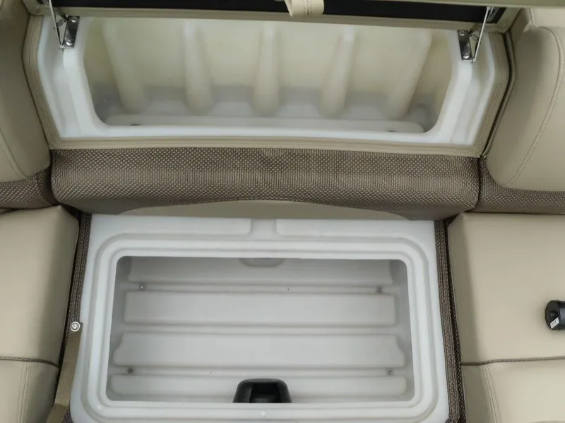 Slide: The Image of 2024 Regency 250 DL3 boat storage compartment with beige seating and white interior. - 36