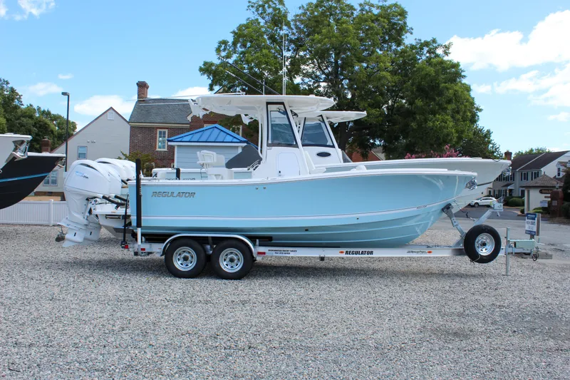 Slide: The Image of 2024 Regulator 23 boat on trailer in outdoor display area. - 3