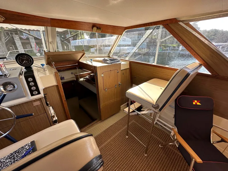 Slide: The Image of Interior of a 1968 Chris-Craft 35 Commander boat, featuring helm and seating area. - 22