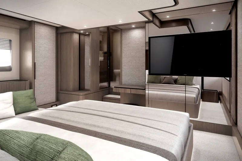 Slide: The Image of Luxurious bedroom interior of 2024 Ferretti Yachts 580 with modern design and large TV. - 11