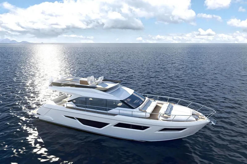 Slide: The Image of 2024 Ferretti Yachts 580 luxury yacht cruising on open water under a bright sky. - 2