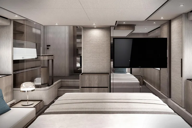 Slide: The Image of Luxurious bedroom interior of 2024 Ferretti Yachts 580 with modern design and elegant furnishings. - 5