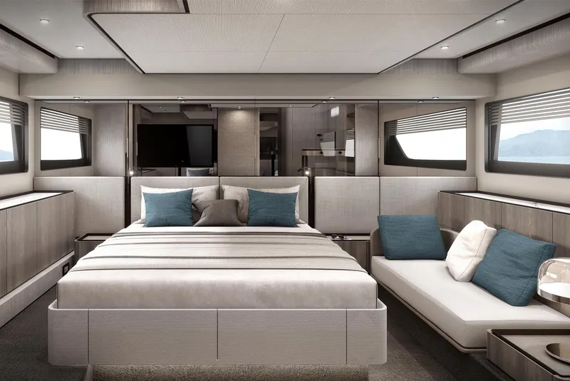 Slide: The Image of Luxurious master bedroom in the 2024 Ferretti Yachts 580, featuring modern design and elegant furnishings. - 6