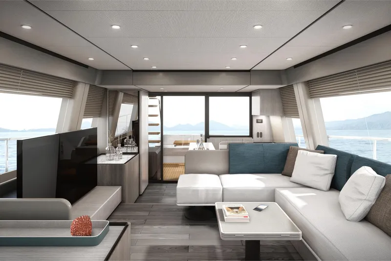 Slide: The Image of Luxurious interior of 2024 Ferretti Yachts 580 with modern furnishings and panoramic windows. - 7