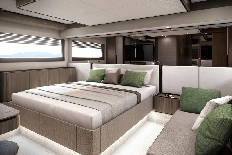 Slide: The Image of Luxurious bedroom interior of 2024 Ferretti Yachts 580 with modern design and scenic window view. - 9
