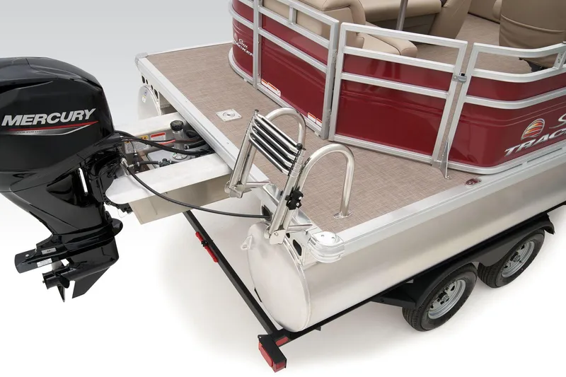 Slide: The Image of 2024 Sun Tracker Party Barge 20 DLX pontoon boat rear view with Mercury outboard motor. - 44