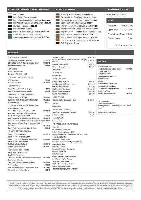 Slide: The Image of 2024 Malibu 23 LSV features and pricing details sheet. - 13
