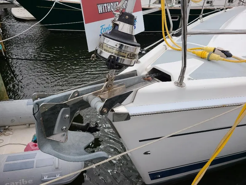 Slide: The Image of Bow of a 2004 Hunter 466 sailboat with anchor and winch system. - 14