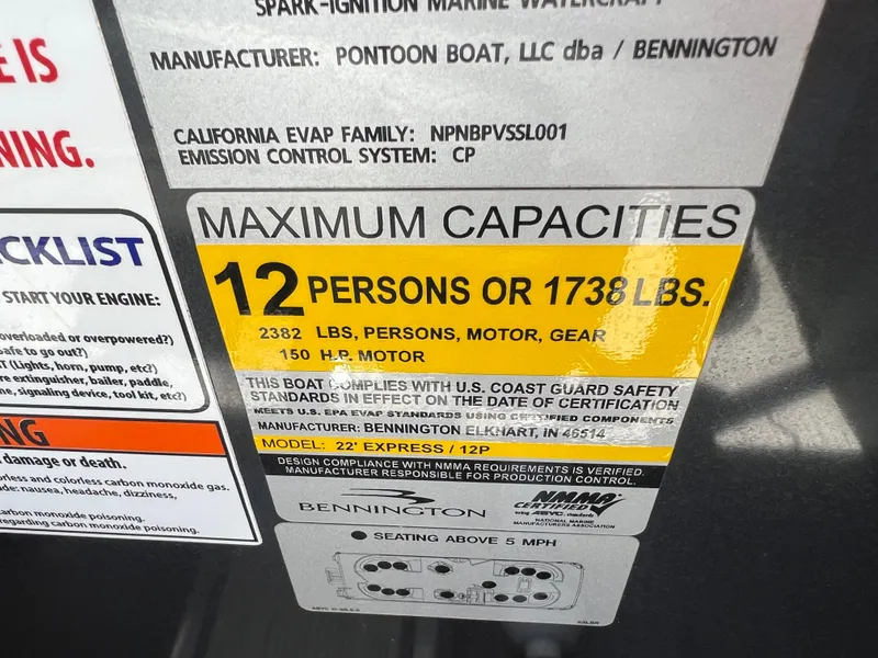 Slide: The Image of 2022 Bennington 23 L boat capacity label: 12 persons or 1738 lbs. - 23