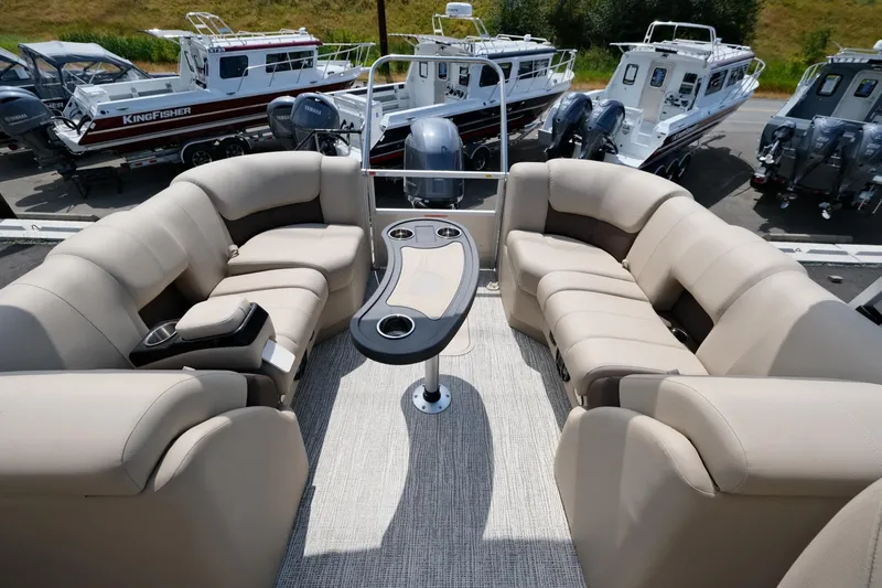 Slide: The Image of Luxurious seating area on 2023 SunCatcher Fusion 322RC pontoon boat. - 7