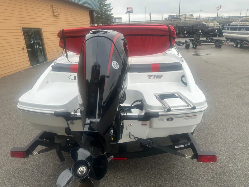 Slide: The Image of 2024 Tahoe T18 boat with outboard motor, rear view in a parking lot. - 4