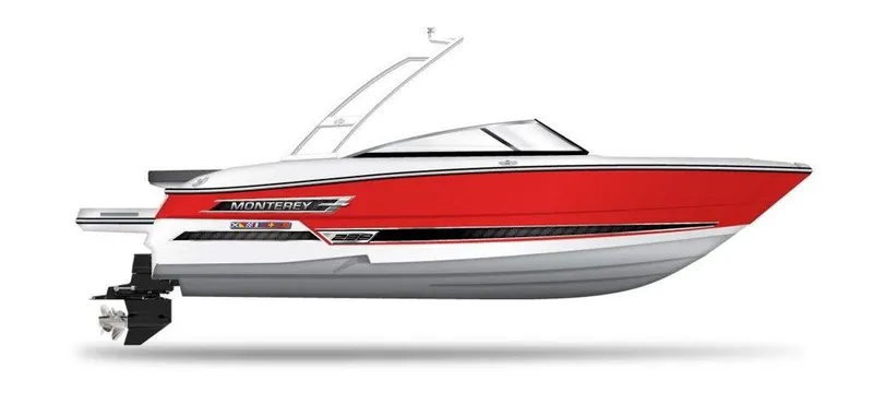 Slide: The Image of 2023 Monterey 238SS boat, red and white, side view. - 0