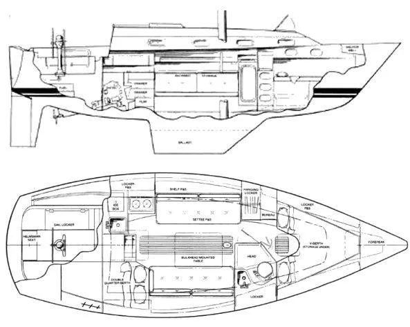 Slide: The Image of Diagram of a 1986 Pearson 303 sailboat layout, showing interior and deck plan details. - 36