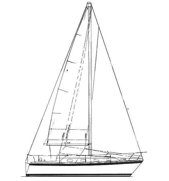 Slide: The Image of Line drawing of a 1986 Pearson 303 sailboat, showcasing its classic design and structure. - 37