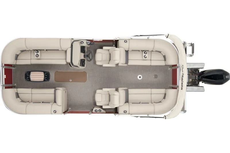 Slide: The Image of 2024 Sun Tracker Party Barge 22 XP3 interior with plush seating and modern design. - 6