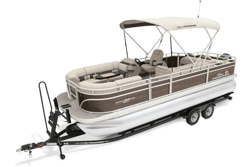 Slide: The Image of 2024 Sun Tracker SportFish 22 XP3 pontoon boat on trailer. - 10