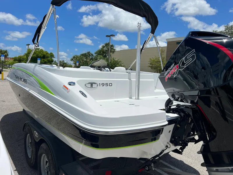 Slide: The Image of 2024 Tahoe 1950 boat with powerful outboard motor in a parking lot. - 4