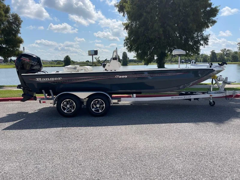 Slide: The Image of 2023 Ranger RB200 boat on a trailer by a lake under a sunny sky. - 1