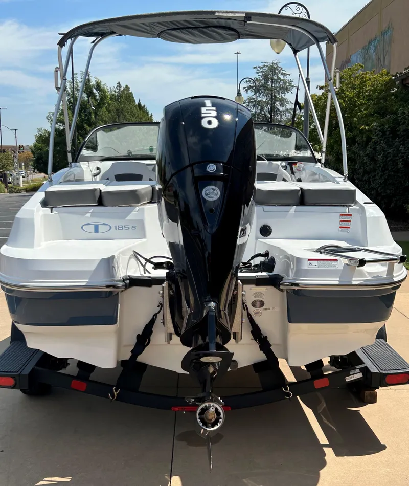 Slide: The Image of 2024 Tahoe 185 S boat with 150 HP outboard motor, rear view. - 6