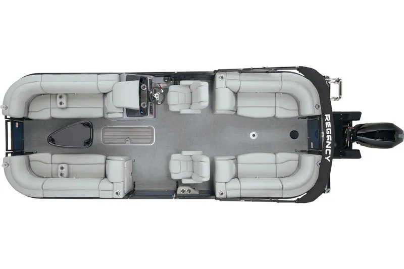 Slide: The Image of 2024 Regency 230 DL3 pontoon boat, top view, spacious seating layout. - 18