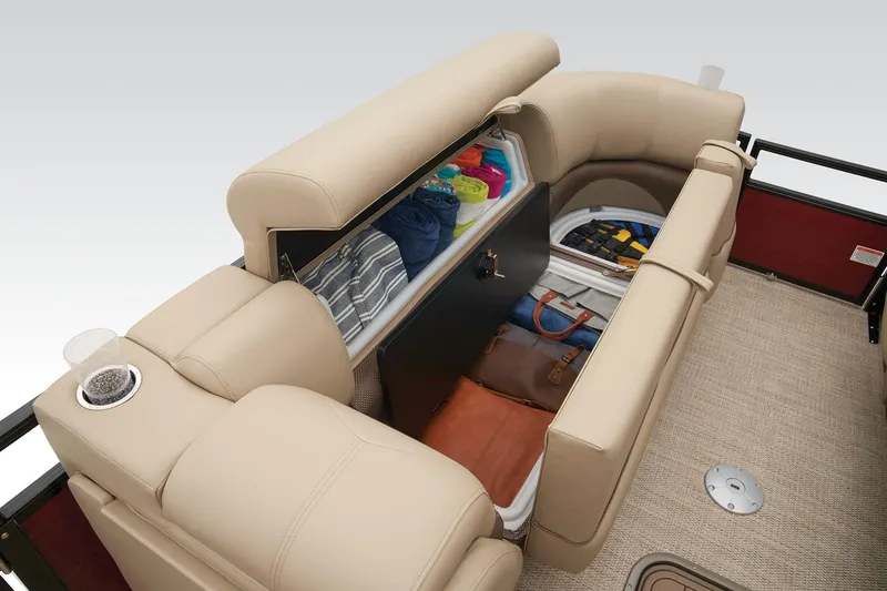 Slide: The Image of 2024 Regency 250 DL3 boat with open storage compartment and beige seating. - 17