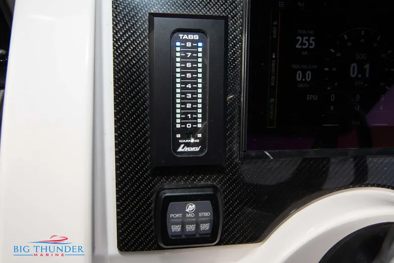 Slide: The Image of 2022 Fountain 38 SC boat control panel with trim tab indicators and Big Thunder Marine logo. - 38