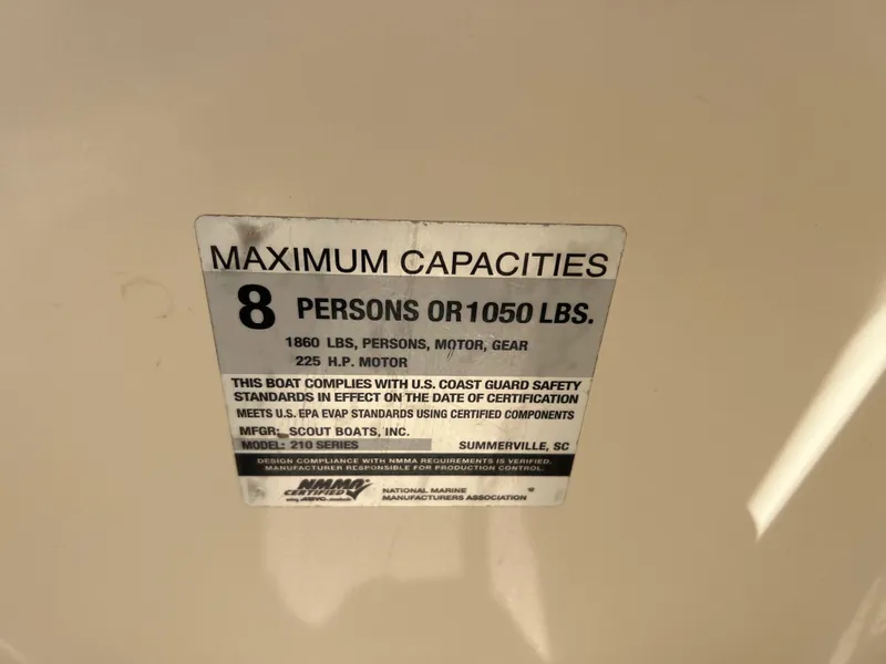 Slide: The Image of 2019 Scout 210 Dorado maximum capacities label, 8 persons or 1050 lbs. - 14