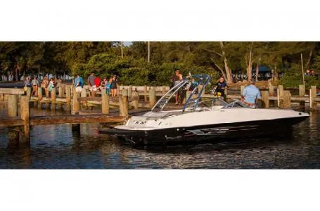 Slide: The Image of 2016 Bayliner 215 Deck Boat docked at a marina with people in the background. - 3