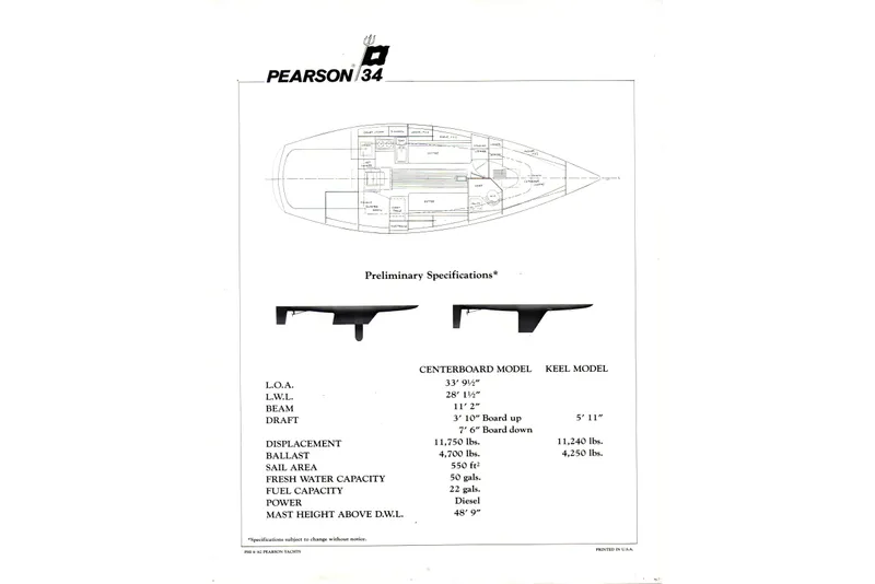 Slide: The Image of Pearson 34 sailboat specifications sheet, 1984 model, featuring layout and technical details. - 22