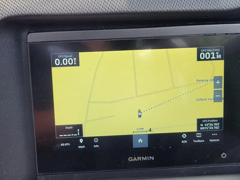 Slide: The Image of Garmin GPS display in 2024 Avalon Excalibur WQL 27 Tri-Toon boat. - 19