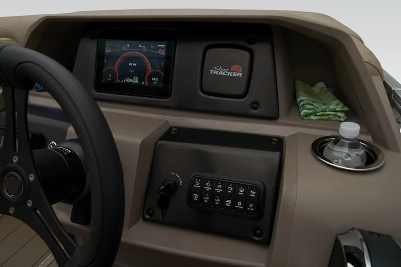 Slide: The Image of 2024 Sun Tracker Party Barge 22 XP3 dashboard with touchscreen and controls. - 37