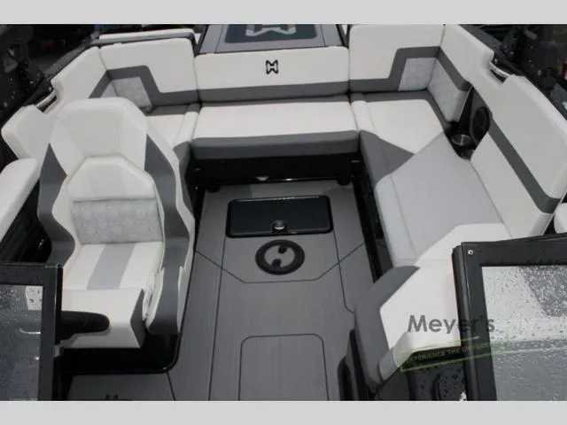 Slide: The Image of 2024 Heyday H20 boat interior with gray and white seating. - 10