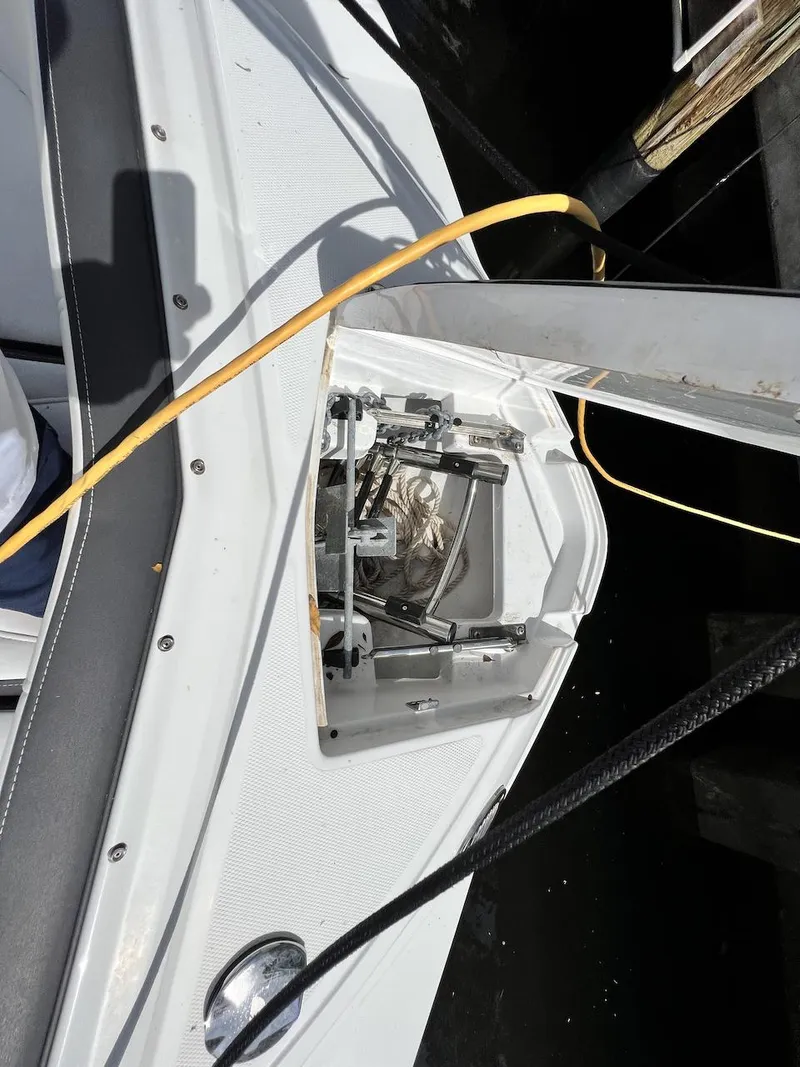 Slide: The Image of 2022 Monterey M-45 boat with open anchor locker and visible wiring. - 26