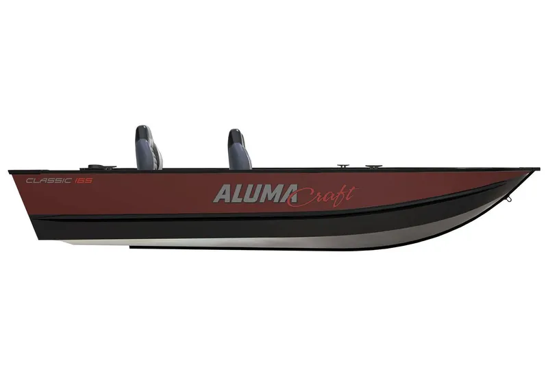 Slide: The Image of 2023 Alumacraft Classic 165 Tiller boat, side view, red and black design. - 1