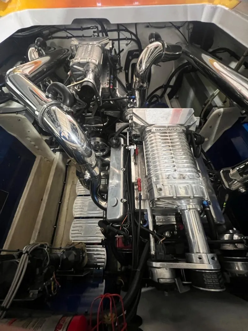 Slide: The Image of 2007 Fountain 42 Lightning boat engine compartment with dual high-performance engines. - 21