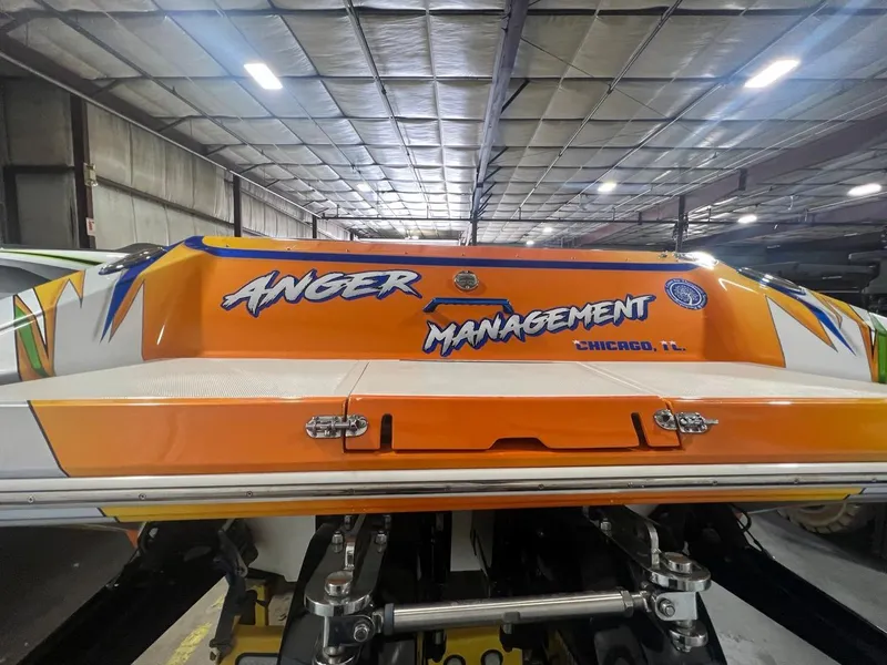 Slide: The Image of 2007 Fountain 42 Lightning boat named Anger Management in a warehouse. - 7