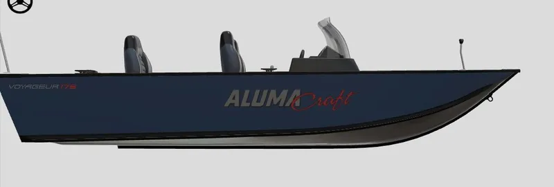 Slide: The Image of 2023 Alumacraft Voyageur 175 SC fishing boat, side view, blue hull, two seats, windshield. - 4