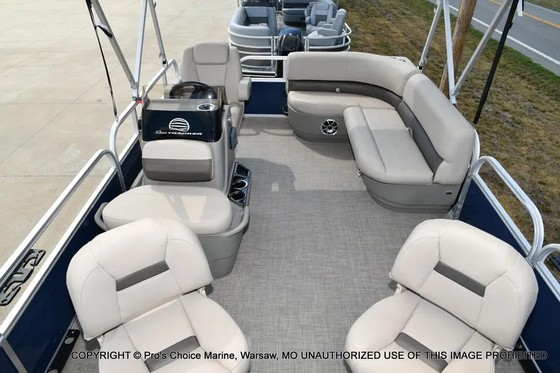 Slide: The Image of 2025 Sun Tracker Bass Buggy 16 XL Select pontoon boat interior with plush seating. - 4