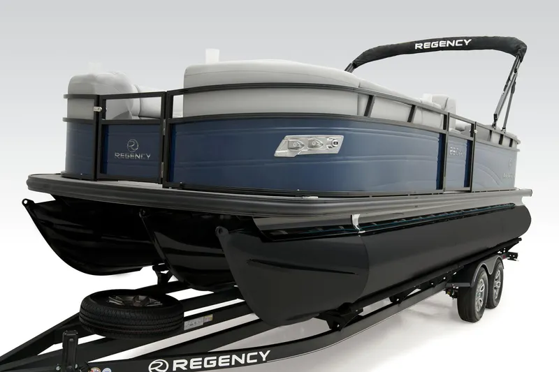Slide: The Image of 2024 Regency 230 DL3 pontoon boat on trailer, side view. - 14